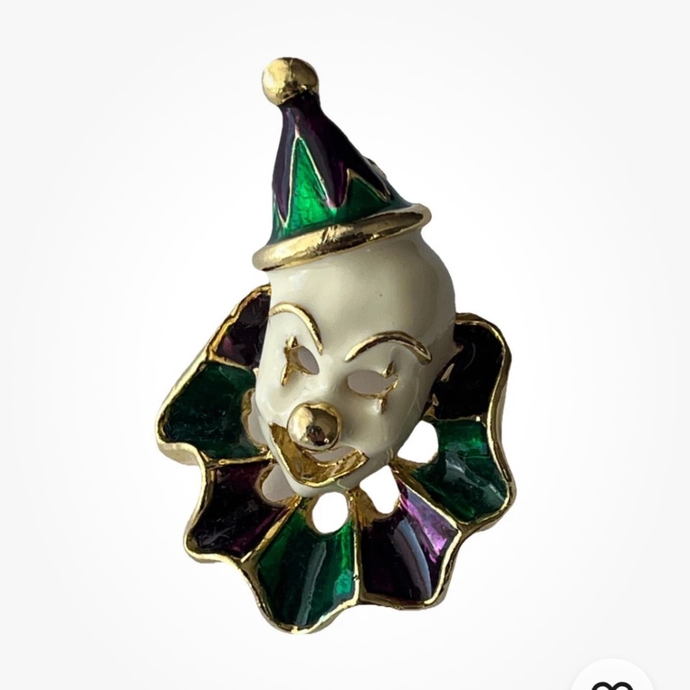 Vintage Brooch Whimsical Clown Face Pin White Paint & Enamel Fashion Accessory